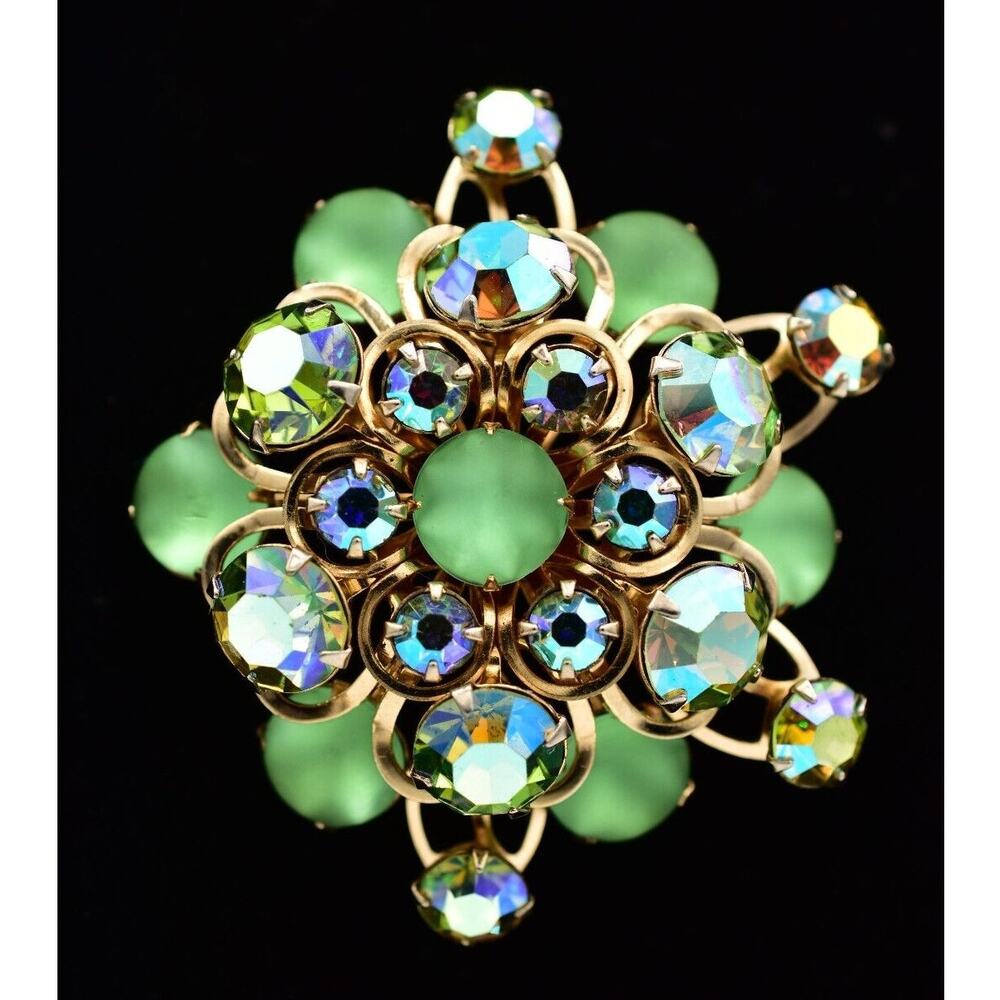 Vintage Austrian Crystal Pin Brooch Frosted Cabochon AB Starburst AS IS BinJ